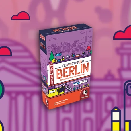 Produktgrafik Next Station Berlin vor Hintergrund im Design der Spielillustration