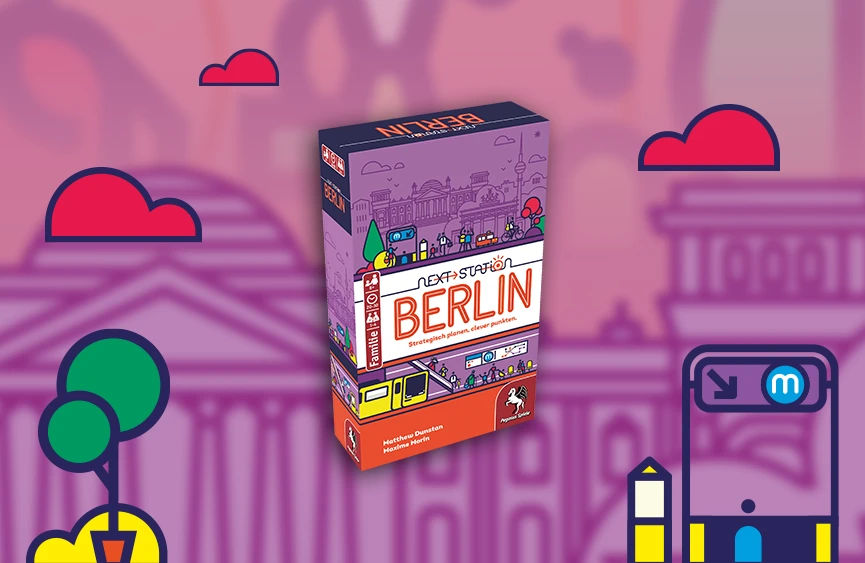Produktgrafik Next Station Berlin vor Hintergrund im Design der Spielillustration