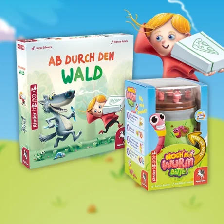Produktgrafiken von Ab durch den Wald und Noch'n Wurm bitte!; außerdem Rotkäppchen mit einer Pizzaschachtel