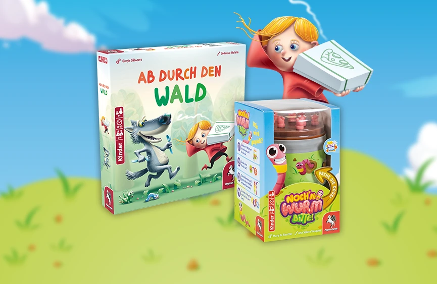 Produktgrafiken von Ab durch den Wald und Noch'n Wurm bitte!; außerdem Rotkäppchen mit einer Pizzaschachtel