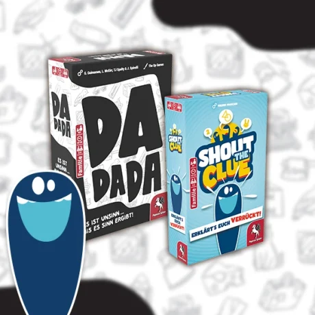 Produktgrafik von DaDaDa neben einer von Shout the Clue mit grafischen Elementen beider Spiele drumherum