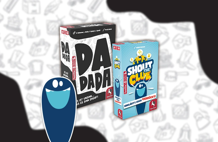 Produktgrafik von DaDaDa neben einer von Shout the Clue mit grafischen Elementen beider Spiele drumherum