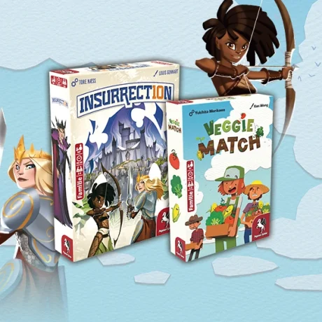 Produktgrafiken von Veggie Match und Insurrection; daneben zwei Illustrationen aus Insurrection