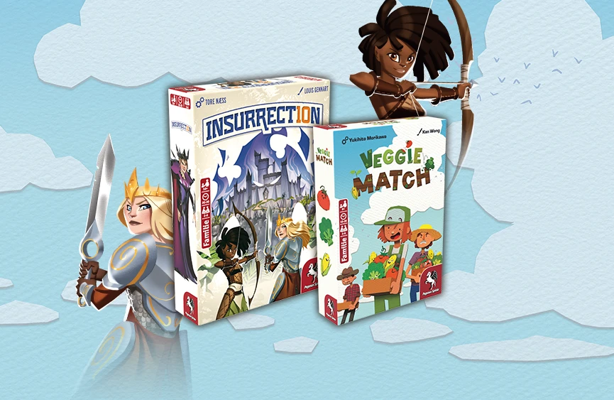 Produktgrafiken von Veggie Match und Insurrection; daneben zwei Illustrationen aus Insurrection