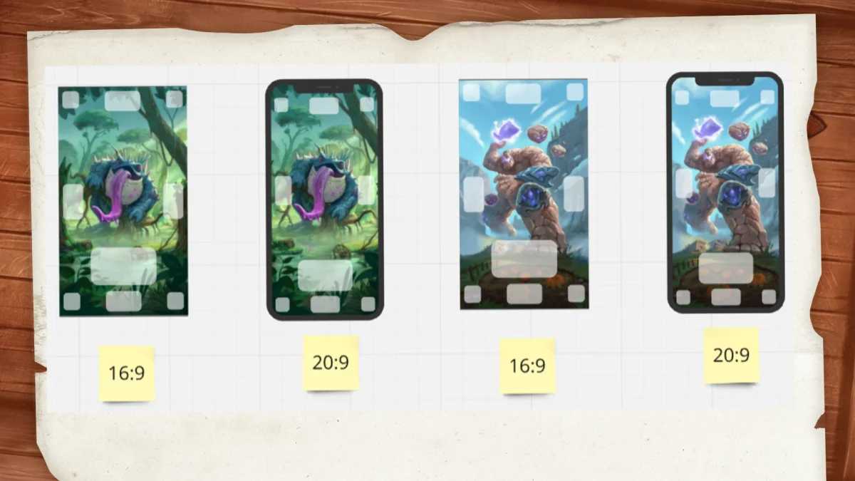 Vergleich der Bildschirmdarstellung von Boss Fighters QR auf Smartphones im 16:9- und 20:9-Format