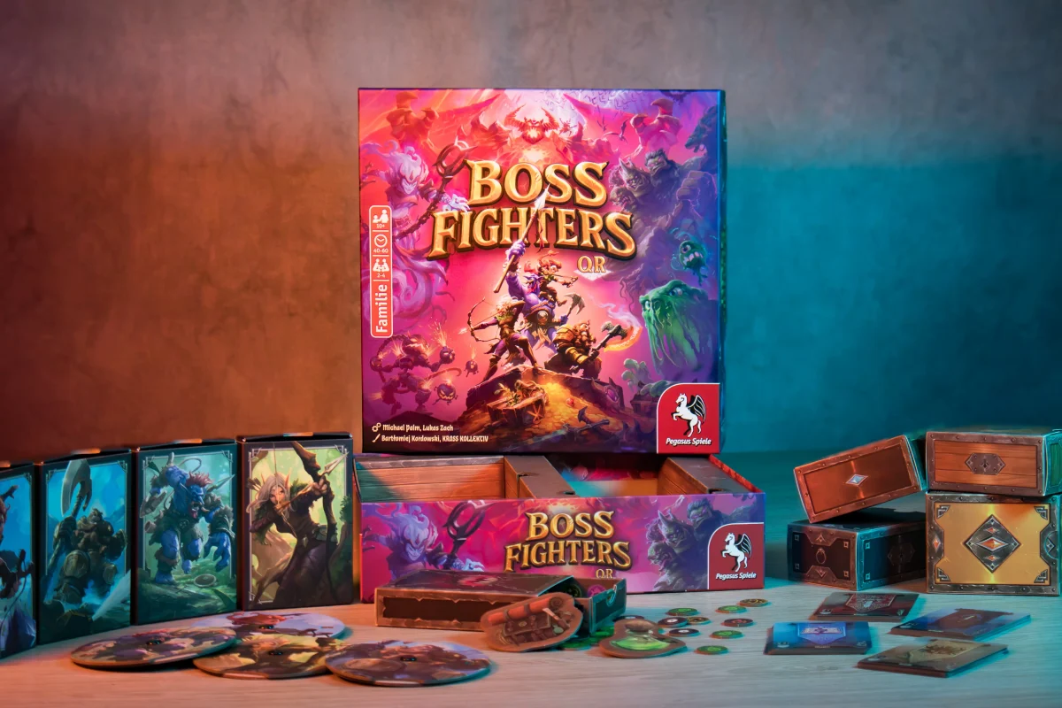 Spielmaterial und Komponenten des Brettspiels Boss Fighters QR