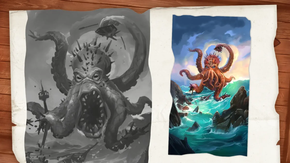 Entwurf und finale Illustration des Tentakel-Bosses Tantacoloss aus dem Brettspiel Boss Fighters QR im direkten Vergleich