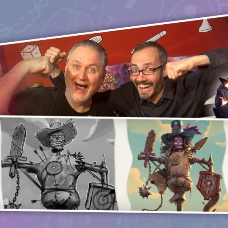 Die Boss-Fighters-QR-Autoren Lukas Zach und Michael Palm mit einem Boss sowie Entwurf und finale Illustration einer Vogelscheuchen-Figur.