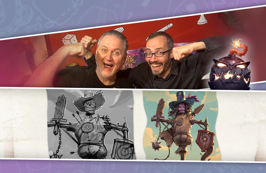Die Boss-Fighters-QR-Autoren Lukas Zach und Michael Palm mit einem Boss sowie Entwurf und finale Illustration einer Vogelscheuchen-Figur.