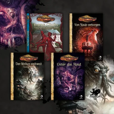 Produktgrafiken der vier Cthulhu-Bände vor dunklem Hintergrund mit Illustrationen von Monstern aus Cthulhu