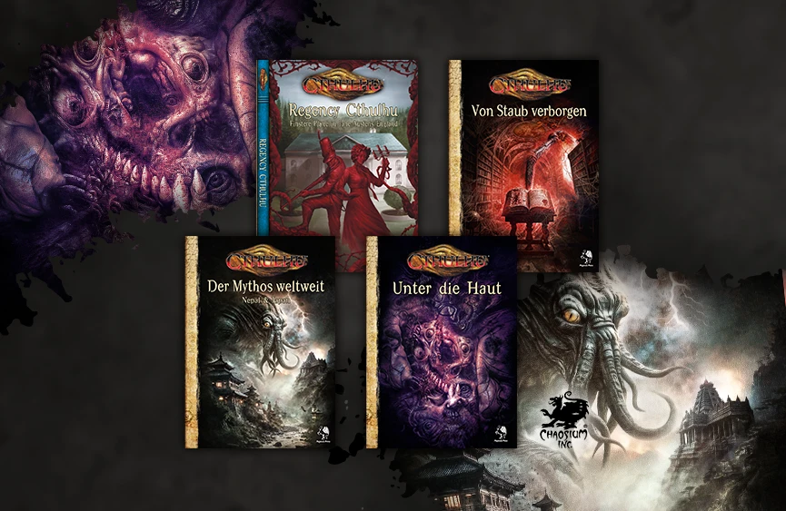 Produktgrafiken der vier Cthulhu-Bände vor dunklem Hintergrund mit Illustrationen von Monstern aus Cthulhu