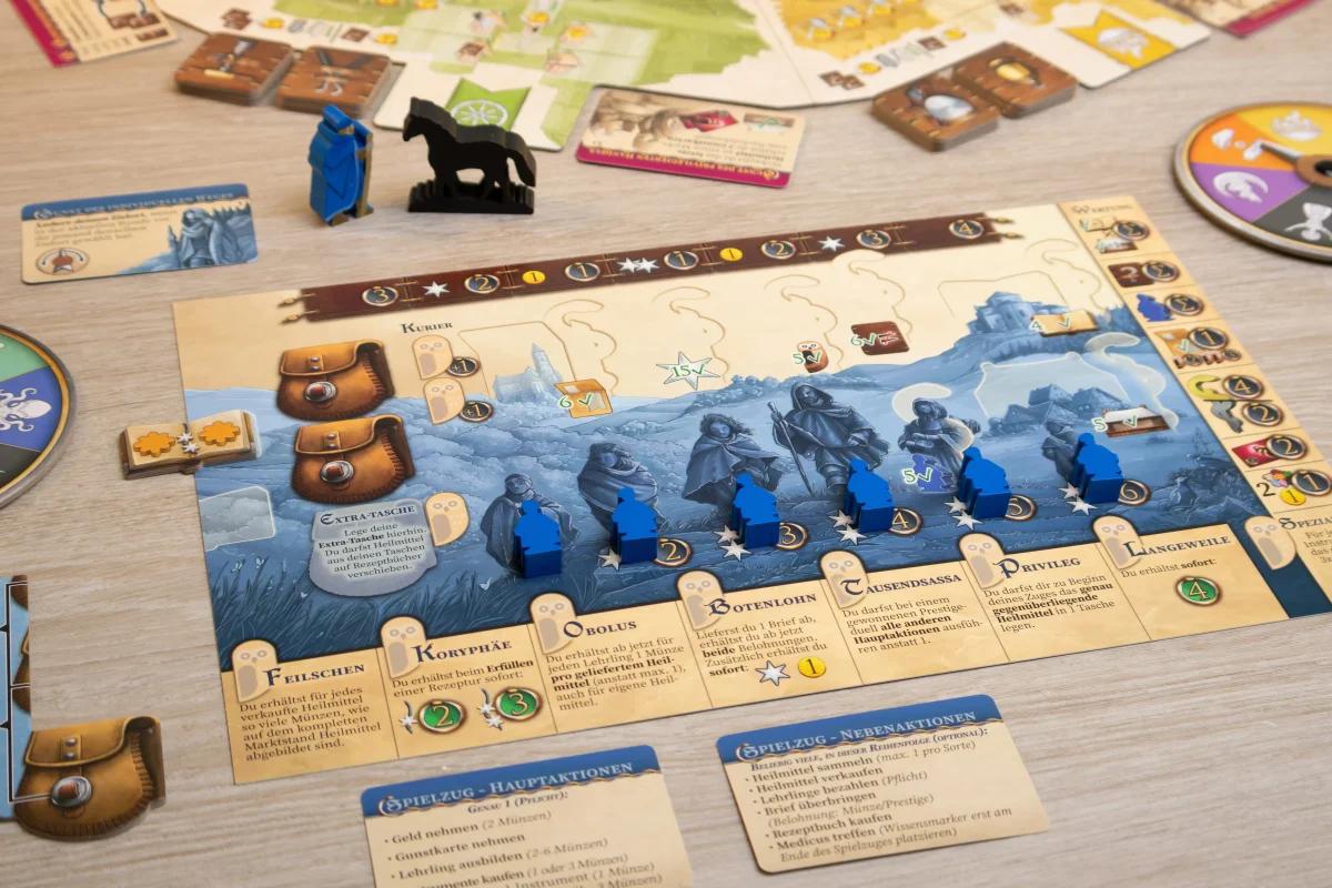 Spielertableau aus dem Kennerspiel Medico mit verschiedenen Aktionsfeldern, Symbolen und Spielmaterial.