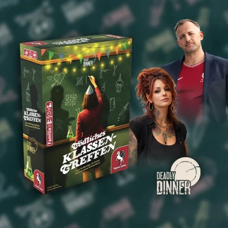 Produktgrafik von Deadly Dinner - Tödliches Klassentreffen mit Charakterillustrationen daneben