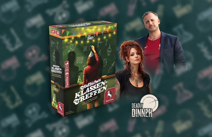 Produktgrafik von Deadly Dinner - Tödliches Klassentreffen mit Charakterillustrationen daneben
