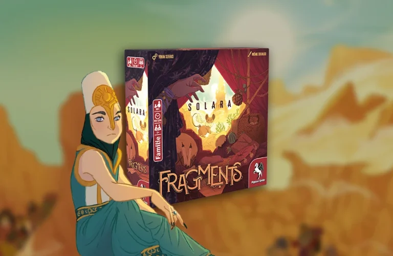 Produktgrafik von Fragments - Solara vor einem Wüstenhintergrund mit Illustration einer Frau in Wüstengewandung