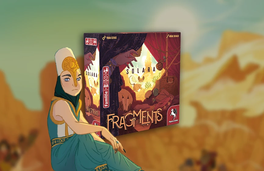 Produktgrafik von Fragments - Solara vor einem Wüstenhintergrund mit Illustration einer Frau in Wüstengewandung