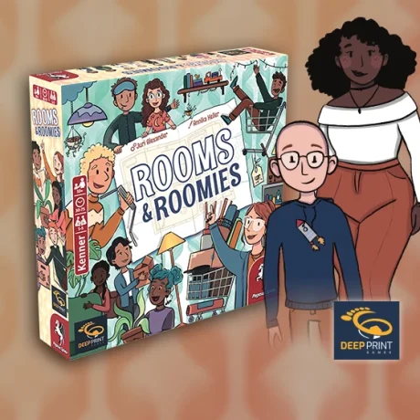 Produktgrafik von Rooms & Roomies mit Illustrationen der Roomies (also der möglichen Mitbewohnenden) daneben vor einem tapetenartigen Hintergrund