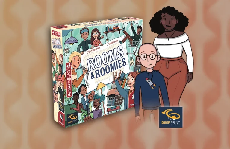 Produktgrafik von Rooms & Roomies mit Illustrationen der Roomies (also der möglichen Mitbewohnenden) daneben vor einem tapetenartigen Hintergrund